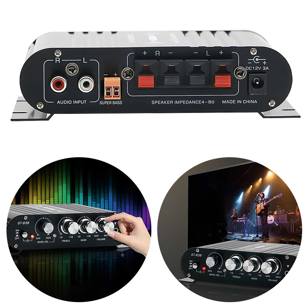 ST-838 HiFi 2.1 Channel Stereo Bass Sound Amp Bass and Treble Adjustment 80W*2 Audio Amplifier Black Car Home Amp
