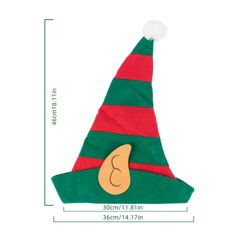 Red Green Striped Hat With White Pom Elf Ears Adults Soft Non-Woven Christmas Elf Hat For Most People Navidad Xmas Ornament