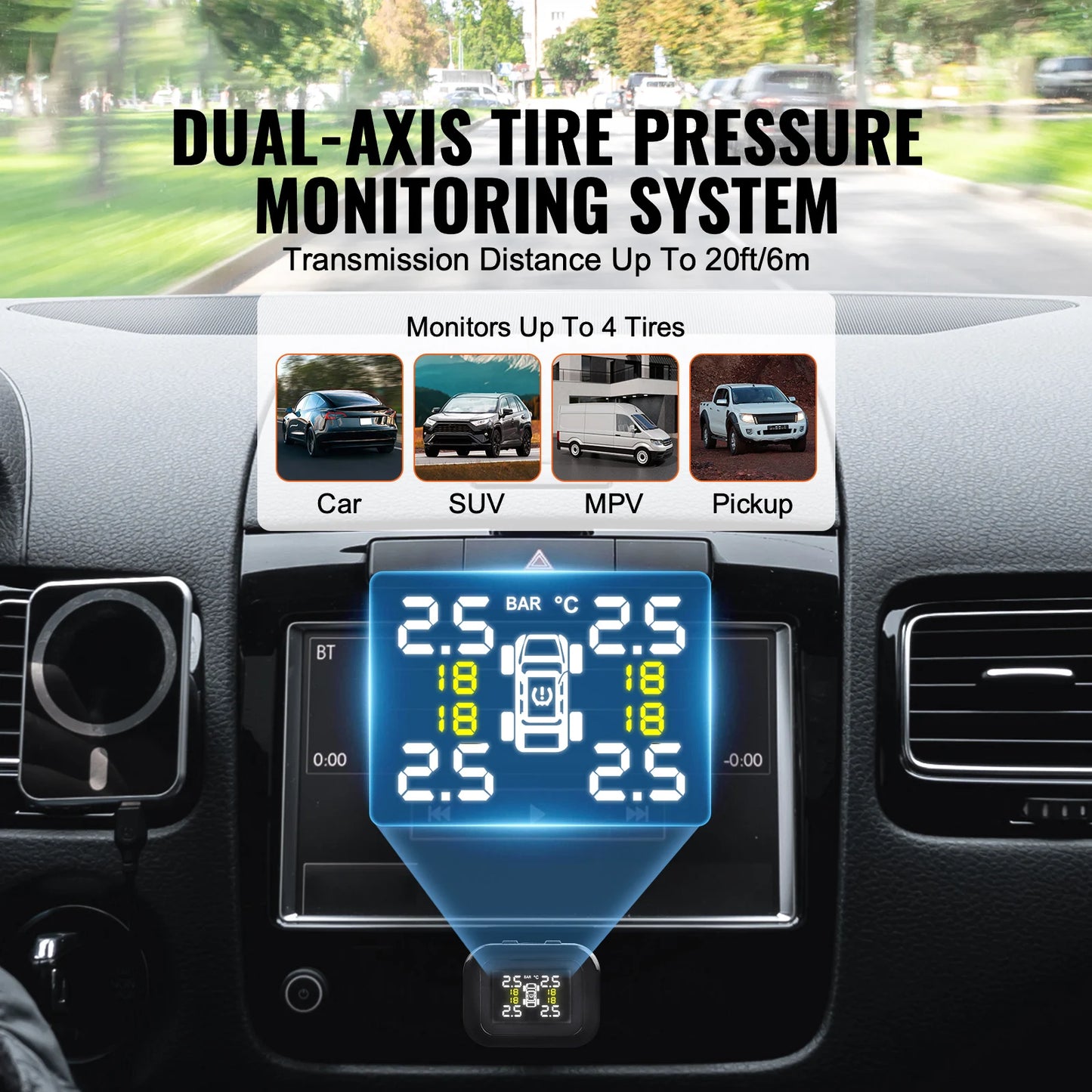 SucceBuy RV Tire Pressure Monitoring System, Universal Wireless Car Alarm System, Waterproof TPMS Sensors Set with 5 Alarm Modes