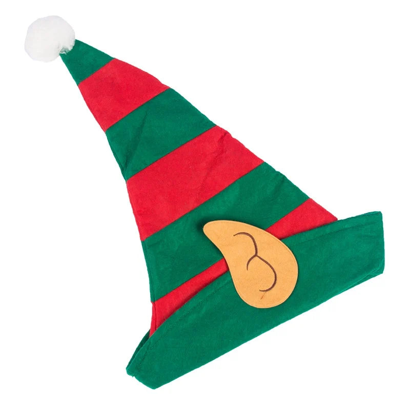 Red Green Striped Hat With White Pom Elf Ears Adults Soft Non-Woven Christmas Elf Hat For Most People Navidad Xmas Ornament