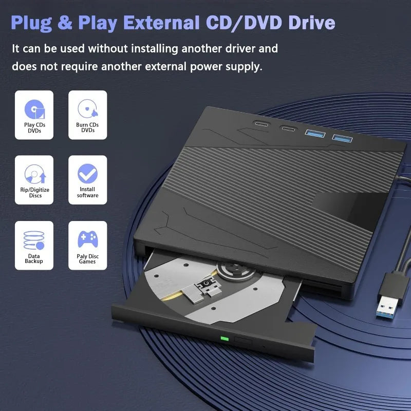 USB3.0 & Type-C External CD DVD Drive with 4 USB Ports and TF/SD Card Slot CD/DVD Burner Writer Reader Player for Laptop MacBook