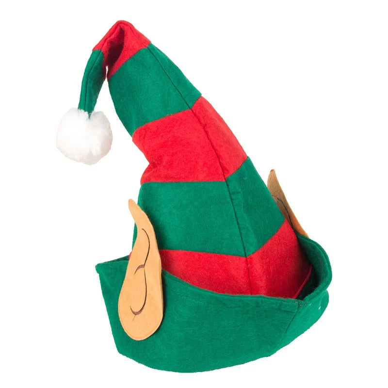 Red Green Striped Hat With White Pom Elf Ears Adults Soft Non-Woven Christmas Elf Hat For Most People Navidad Xmas Ornament