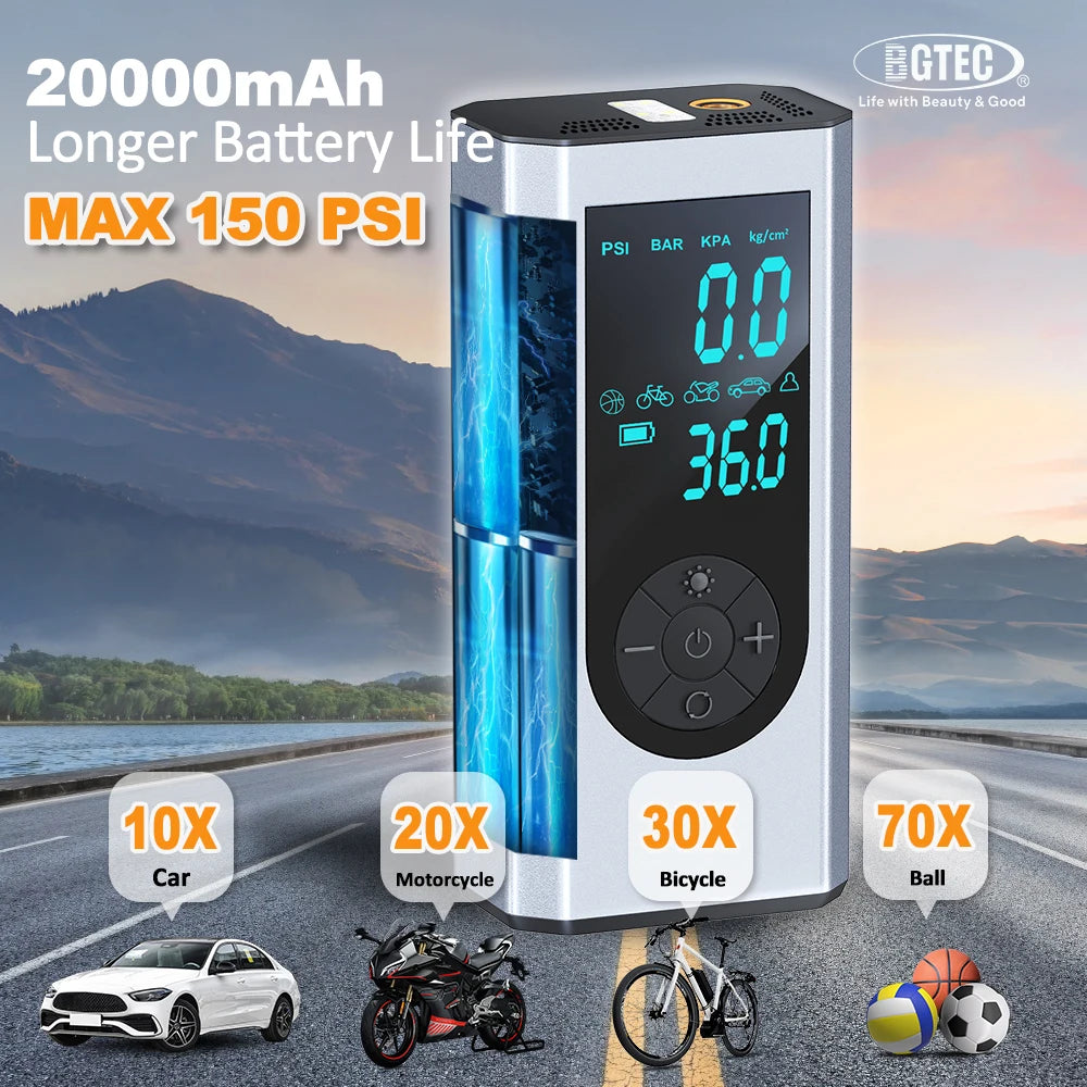 BGTEC Tire Inflator Portable Air Compressor For Car Bike MotorcycleTires Balls Swimming Ring with Gauge 20000mAh Battery DC 12