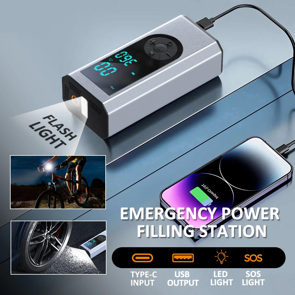 BGTEC Tire Inflator Portable Air Compressor For Car Bike MotorcycleTires Balls Swimming Ring with Gauge 20000mAh Battery DC 12