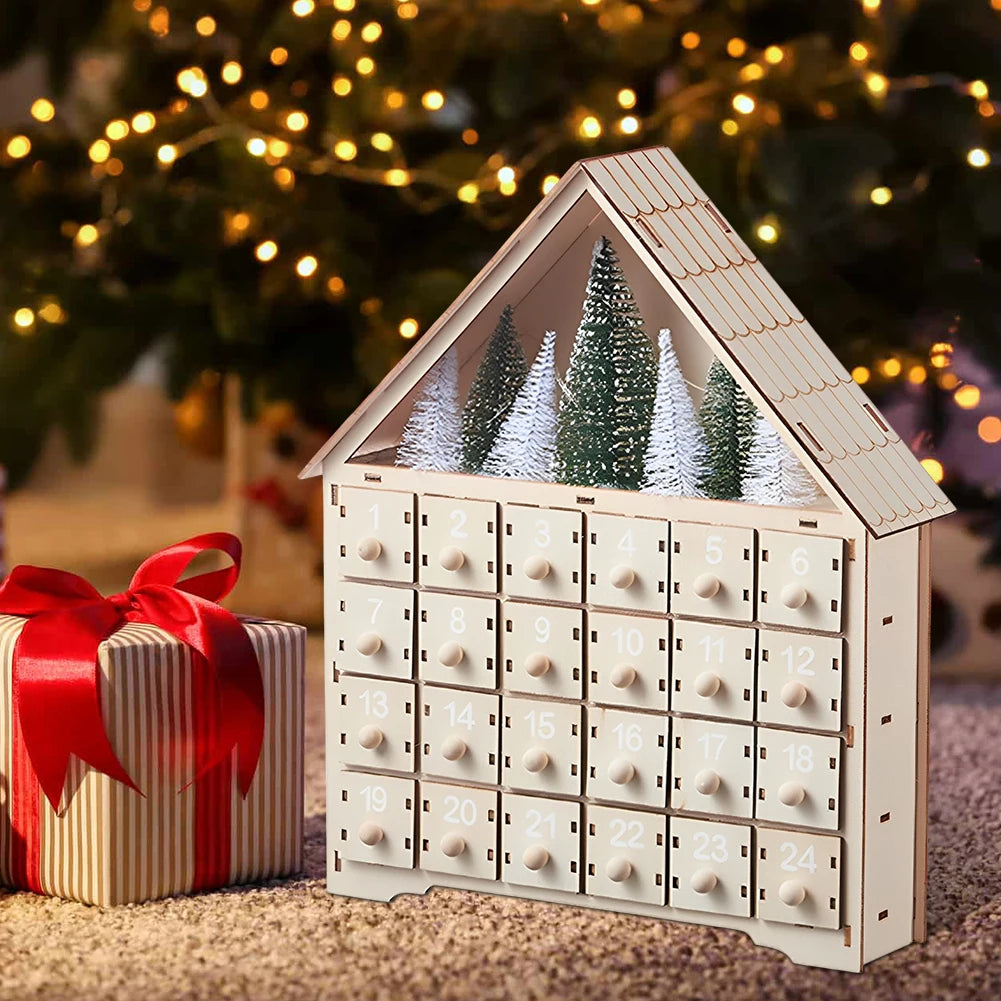 Wooden LED DIY Light Up 24 Days Countdown Calendar with 24 Empty Storage Drawers 24 Days Christmas Countdown Calendar for Kids
