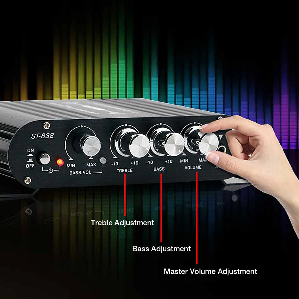 ST-838 HiFi 2.1 Channel Stereo Bass Sound Amp Bass and Treble Adjustment 80W*2 Audio Amplifier Black Car Home Amp