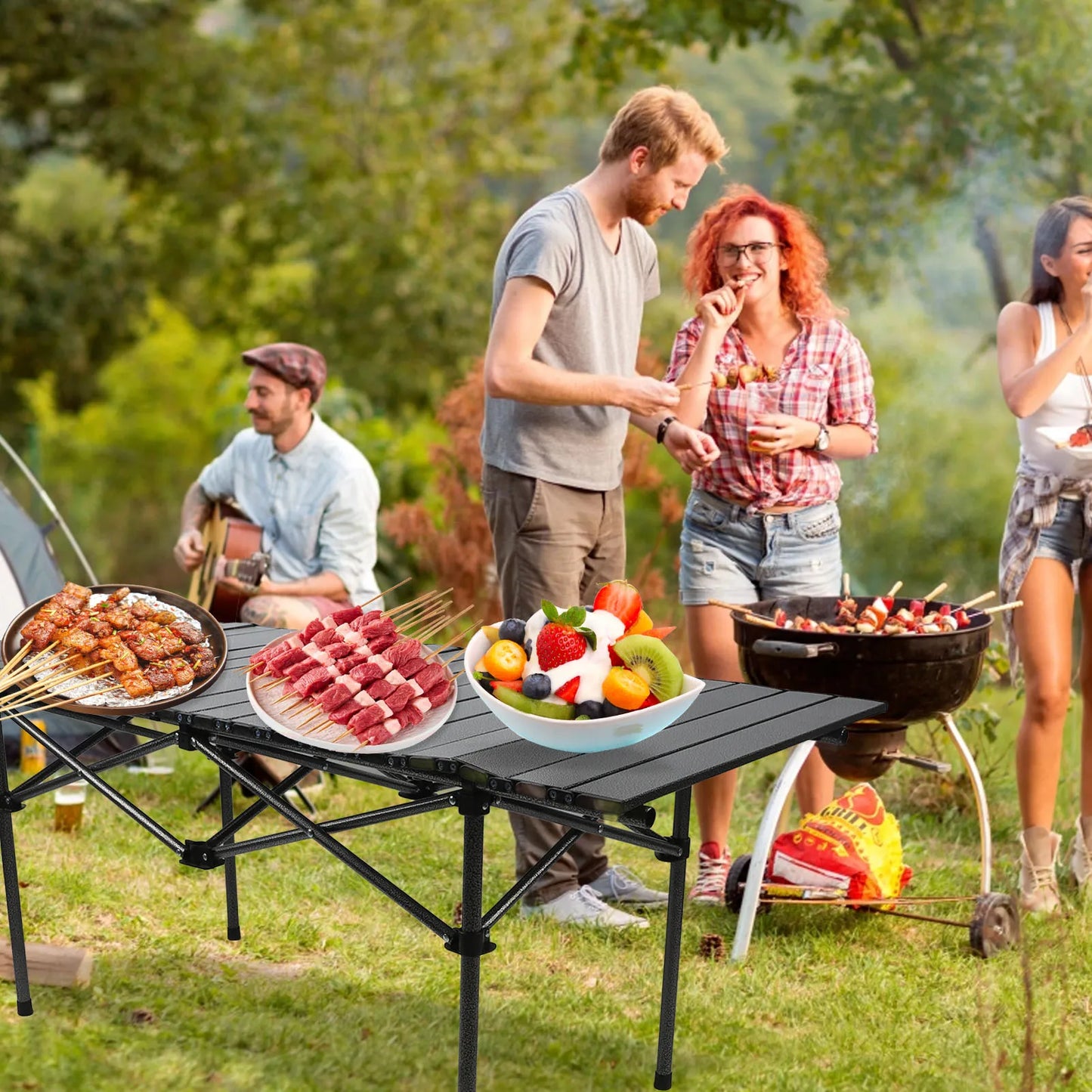 Folding Camping Table Multi Functional Black Portable Roll Up Outdoor Table 47.24in Carbon Steel Sturdy for Backyard BBQ Party