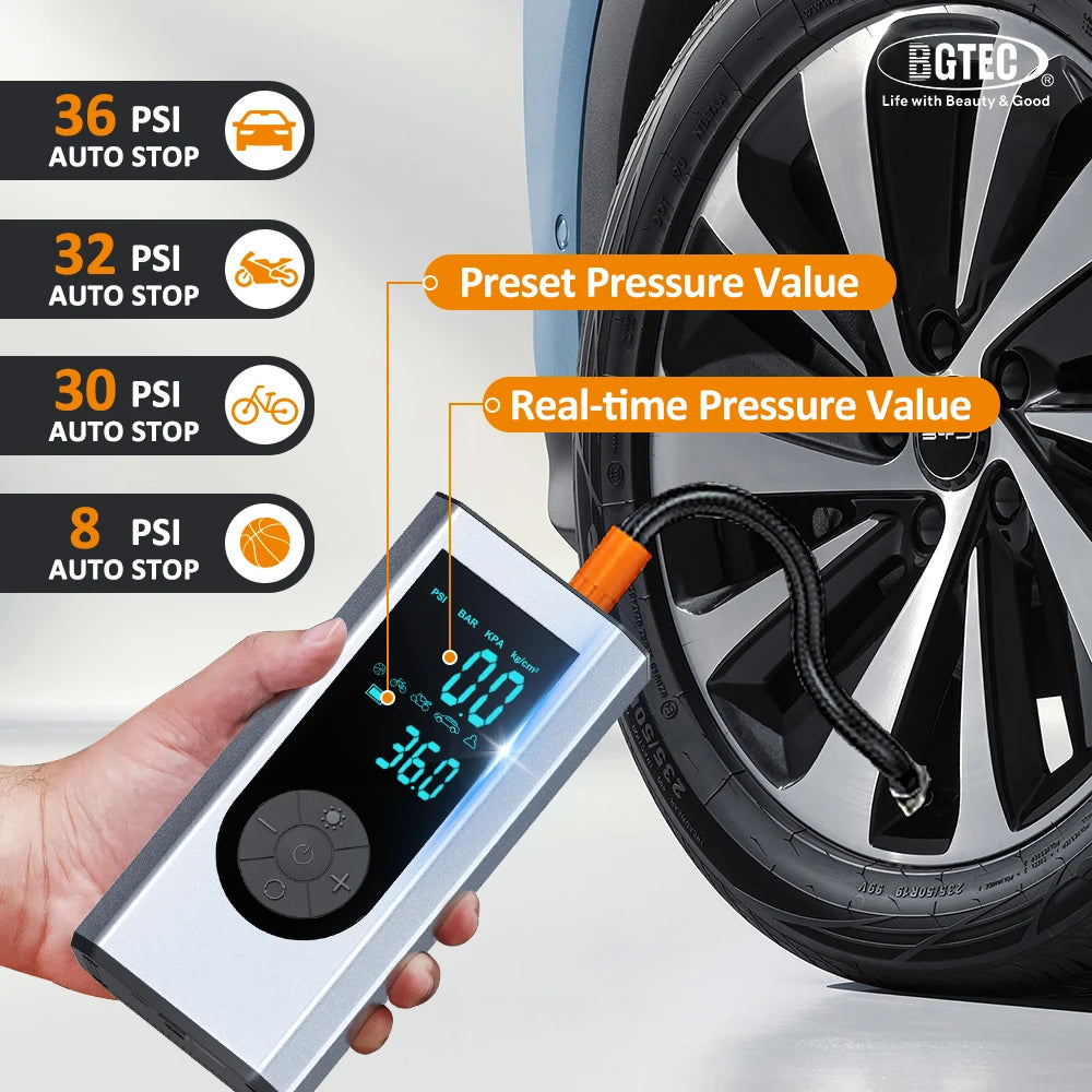 BGTEC Tire Inflator Portable Air Compressor For Car Bike MotorcycleTires Balls Swimming Ring with Gauge 20000mAh Battery DC 12