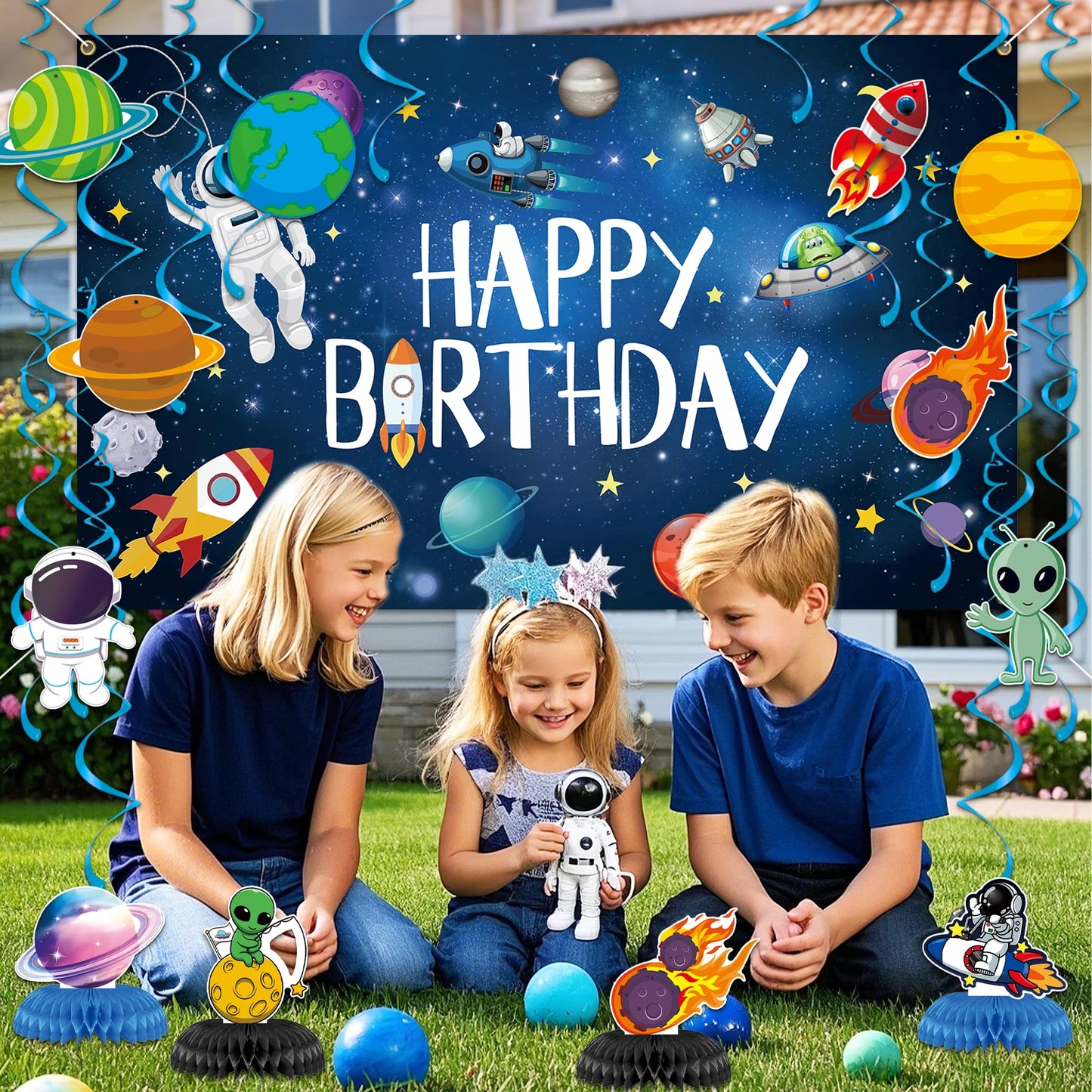 Space Birthday Party Decorations Happy Birthday Banner with Space Themed Honeycomb Centerpiece for Honeycomb Centerpiece