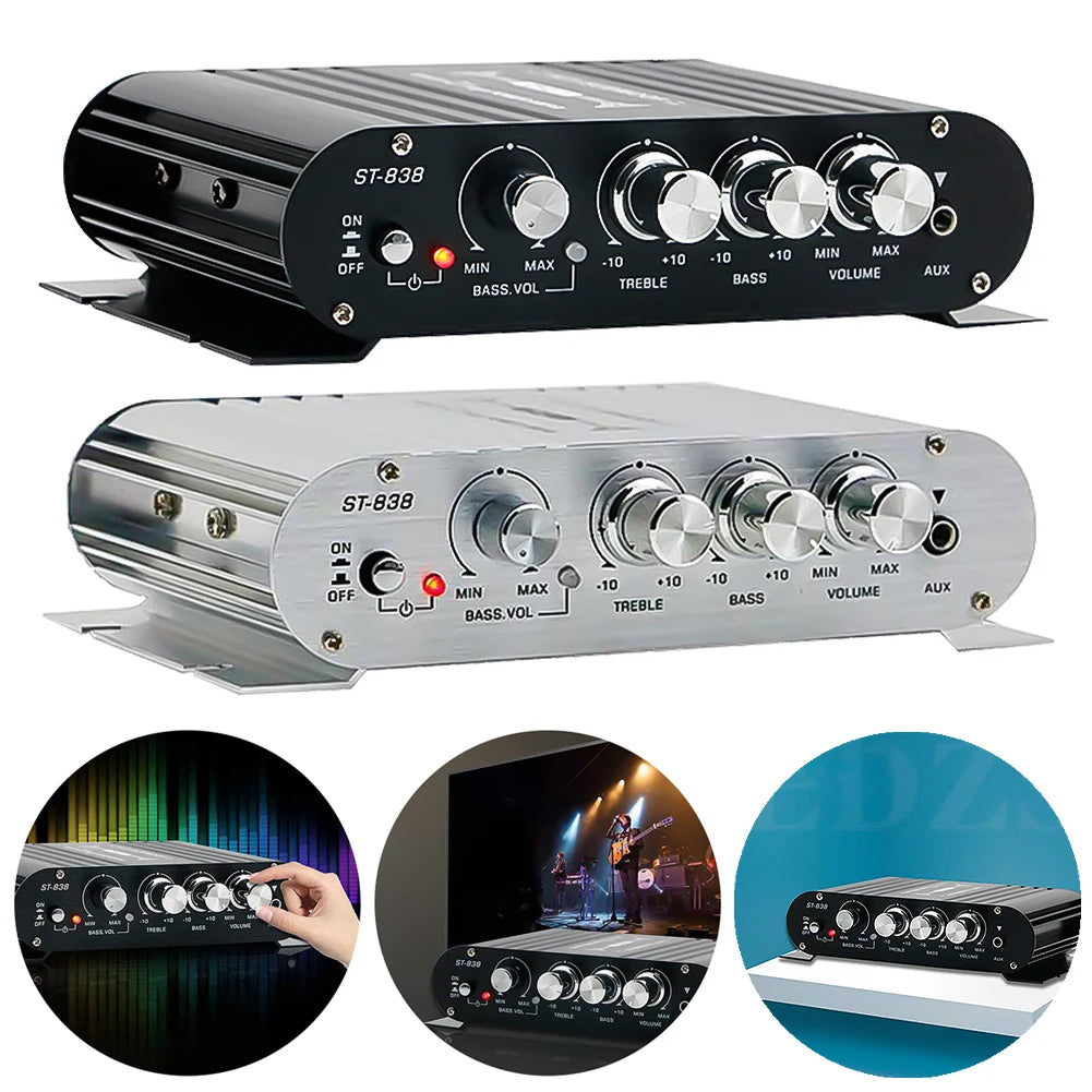 ST-838 HiFi 2.1 Channel Stereo Bass Sound Amp Bass and Treble Adjustment 80W*2 Audio Amplifier Black Car Home Amp