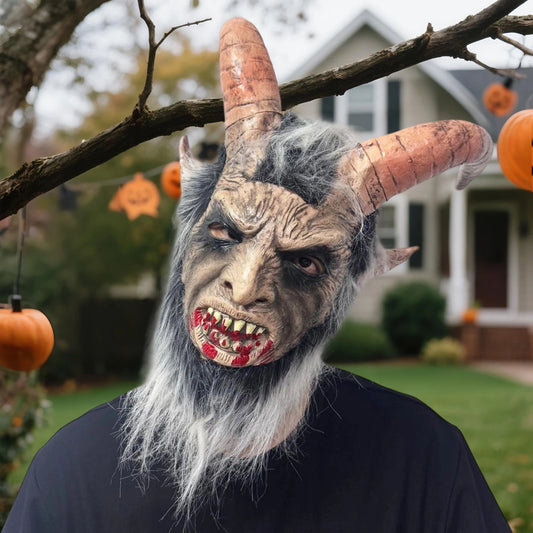 Demon Latex Mask with Horns and Bloodied Mouth for Halloween Party Costume Headgear and Cosplay Accessories
