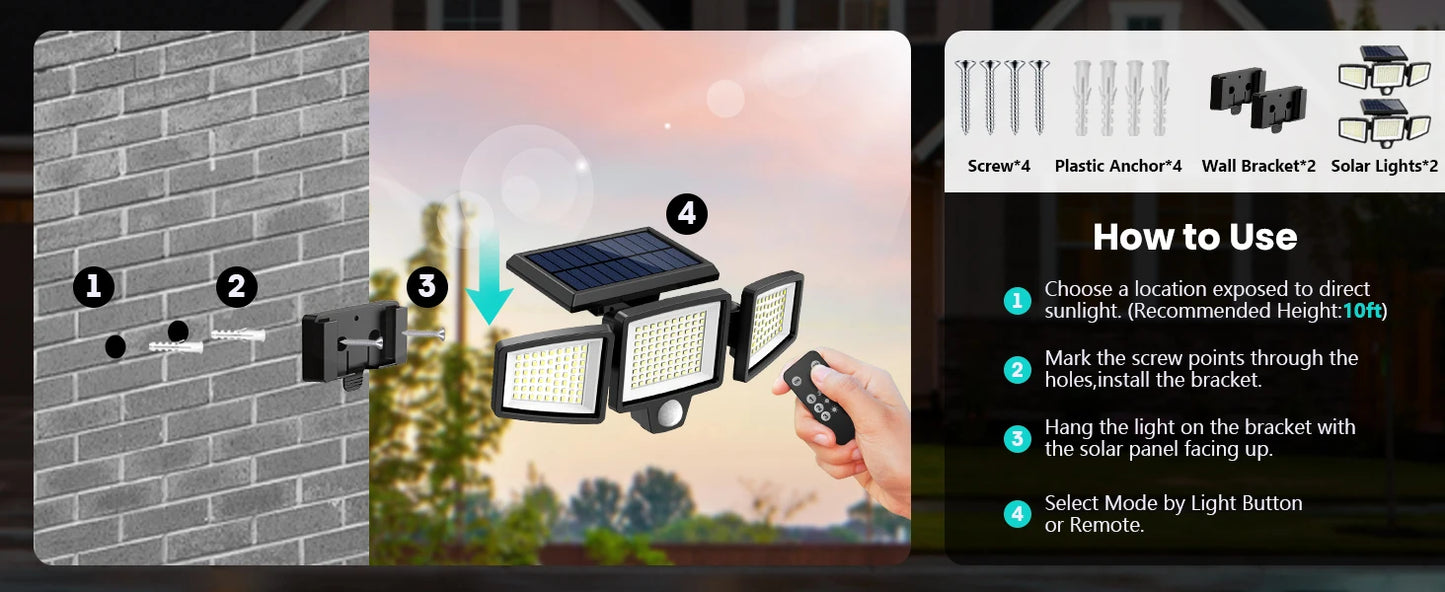 (1/2/3Pack)3 Heads Solar Outdoor Light, 210LED 2500LM Motion Sensor Security Light with Wireless Remote Control, IP65 Waterproof