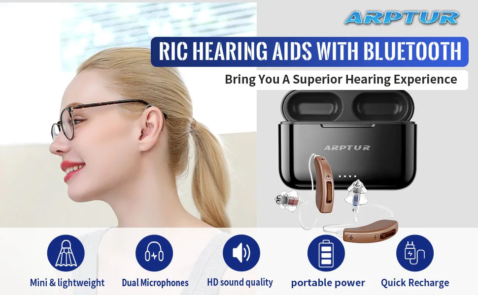 Bluetooth Hearing Aids for Seniors Rechargeable with Noice Cancelling Phone Control RIC Dual Microphone APP Hearing Test Music
