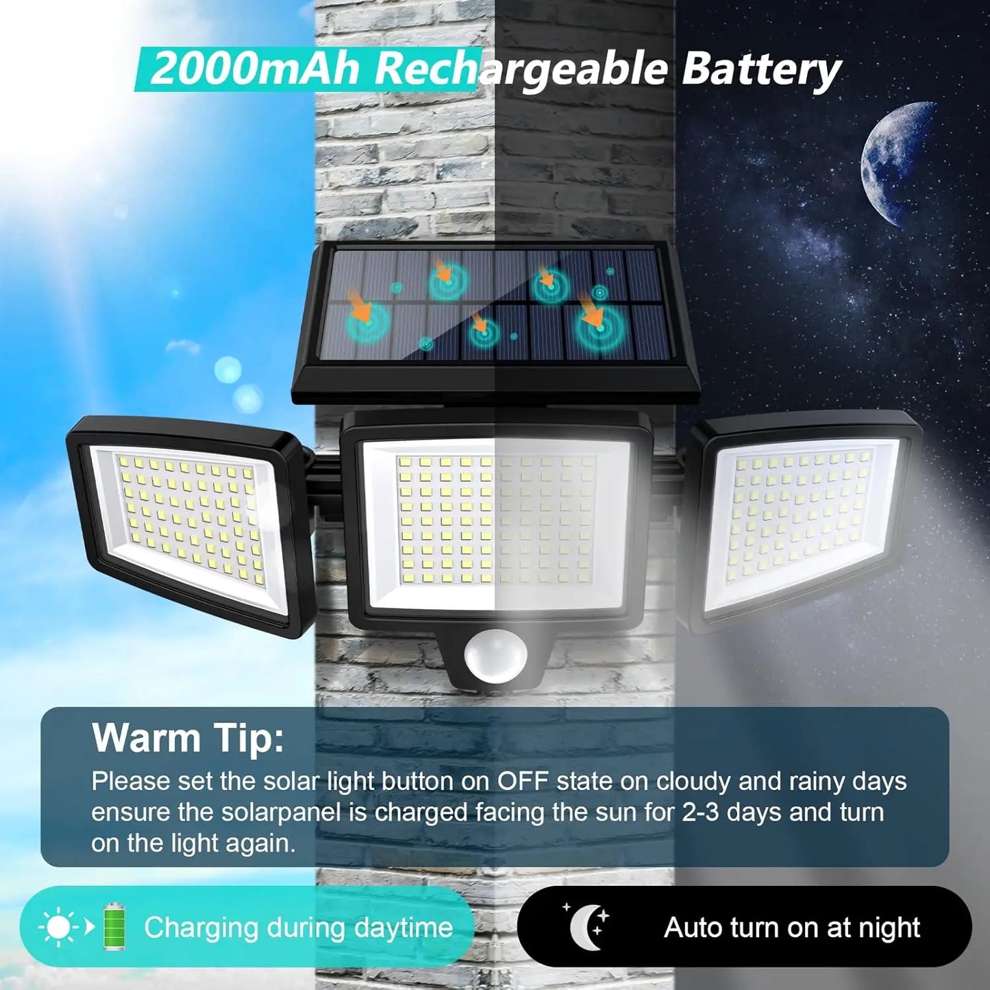 (1/2/3Pack)3 Heads Solar Outdoor Light, 210LED 2500LM Motion Sensor Security Light with Wireless Remote Control, IP65 Waterproof