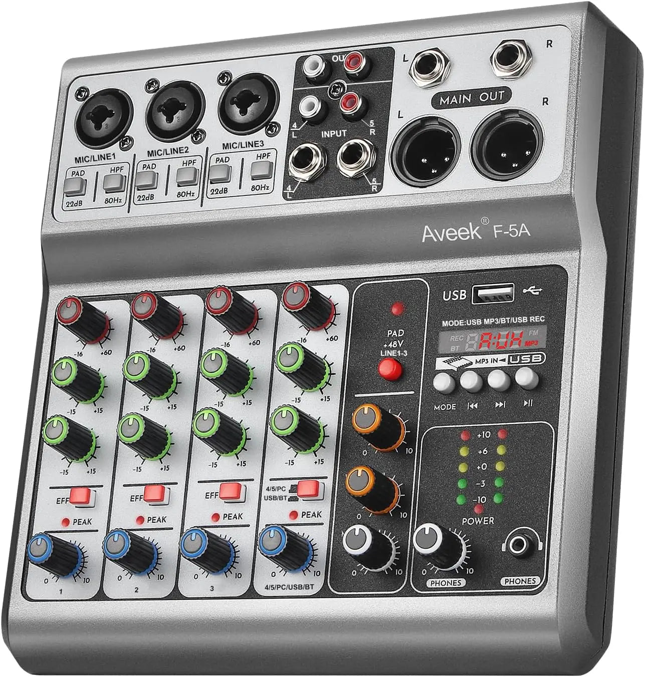 Professional Audio Mixer,Sound Board Mixing Console with 5Channel Digital USB Bluetooth Echo Delay Effect,Input 48V Stereo