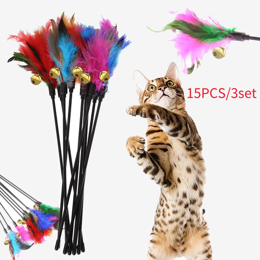 15pcs/3set Cat Interactive Wand Colorful Feather Chicken Feather Cat Stick Bell Portable Creative Novelty Pet Cat Supplies