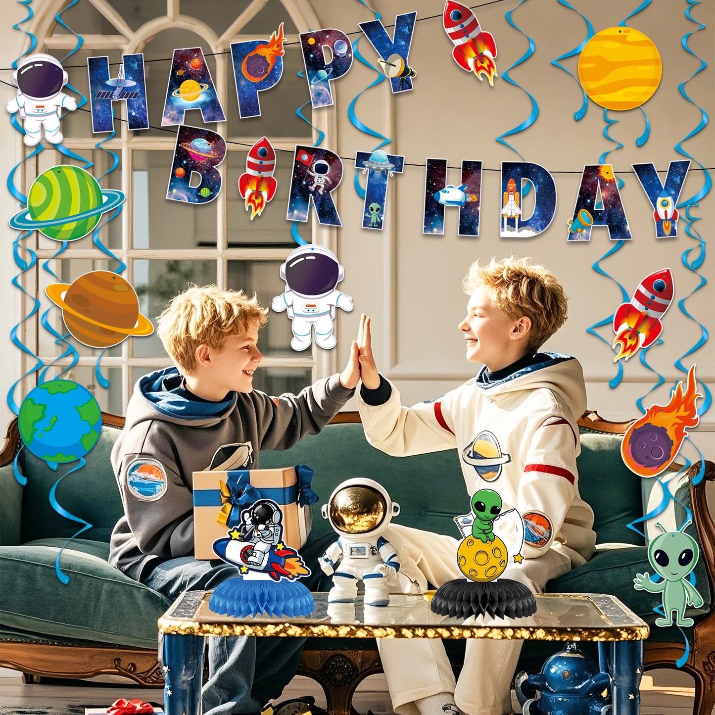 Space Birthday Party Decorations Happy Birthday Banner with Space Themed Honeycomb Centerpiece for Honeycomb Centerpiece
