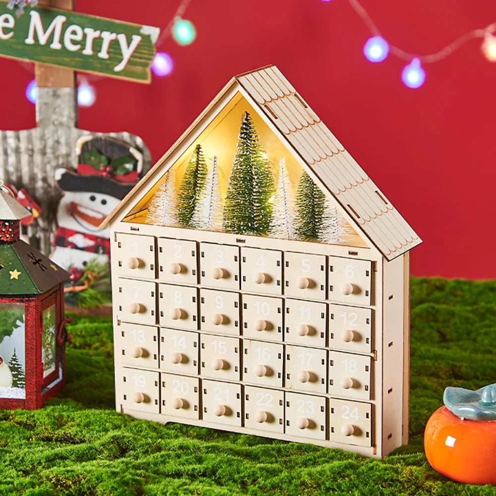 Wooden LED DIY Light Up 24 Days Countdown Calendar with 24 Empty Storage Drawers 24 Days Christmas Countdown Calendar for Kids