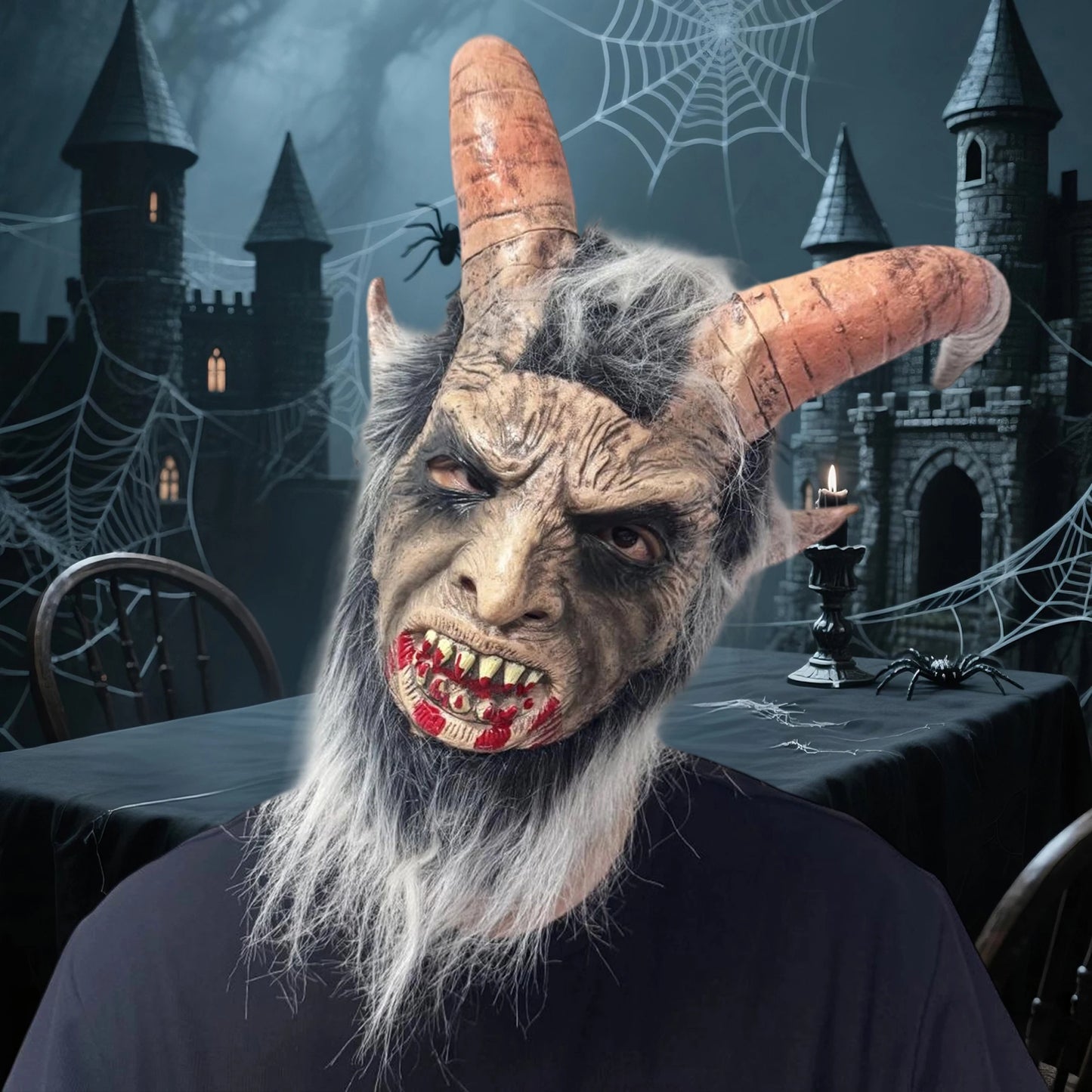 Demon Latex Mask with Horns and Bloodied Mouth for Halloween Party Costume Headgear and Cosplay Accessories