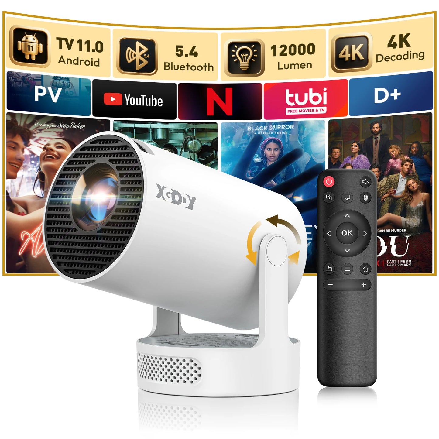 XGODY 4K 1080p LED Projector with 12000 Lumen Brightness, WiFi 6 Bluetooth 5.0 Portable Home Theater System for entertainment