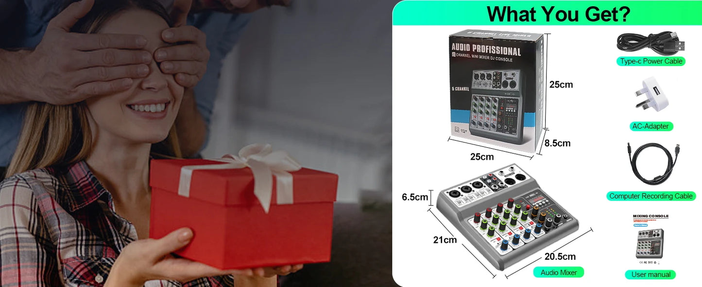 Professional Audio Mixer,Sound Board Mixing Console with 5Channel Digital USB Bluetooth Echo Delay Effect,Input 48V Stereo