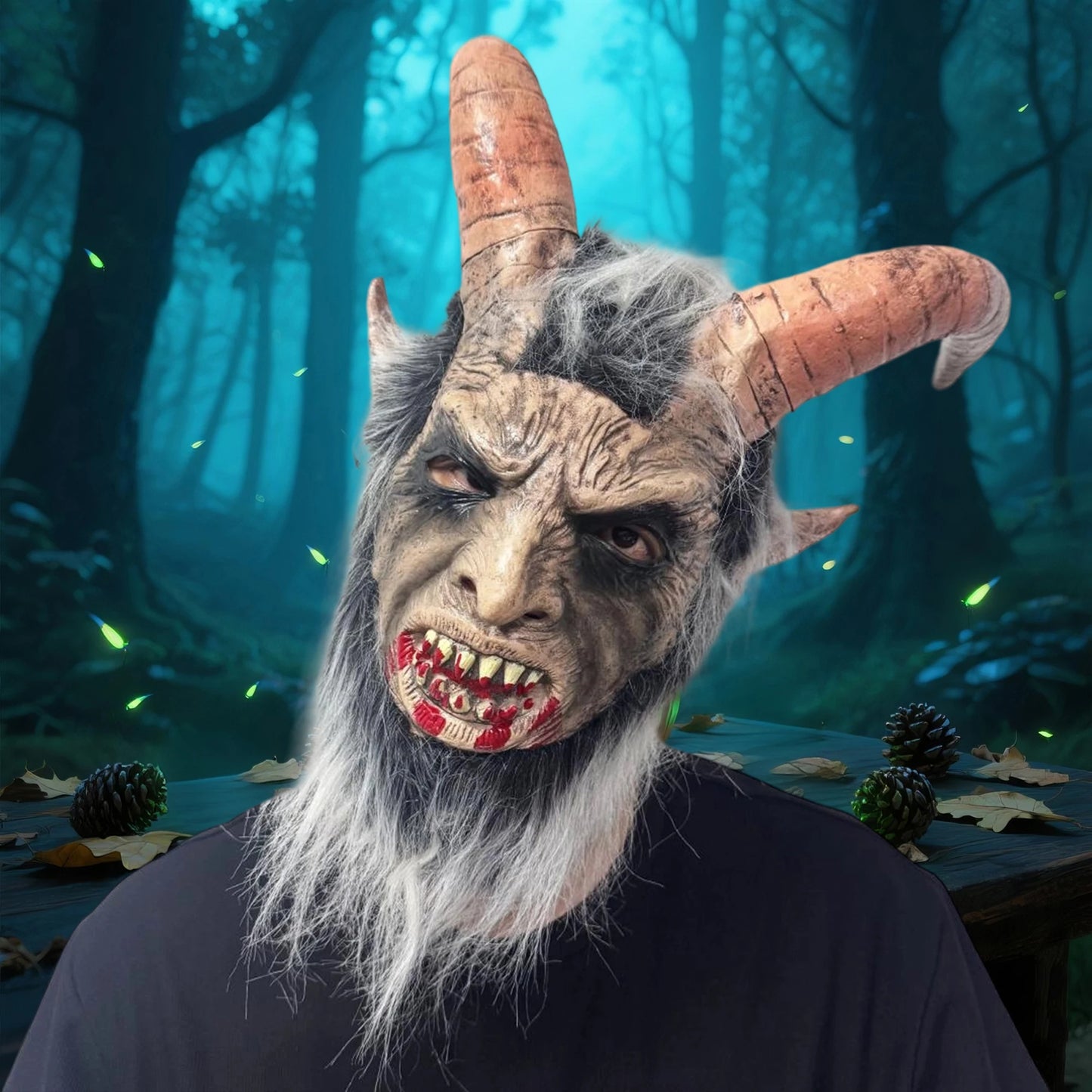 Demon Latex Mask with Horns and Bloodied Mouth for Halloween Party Costume Headgear and Cosplay Accessories