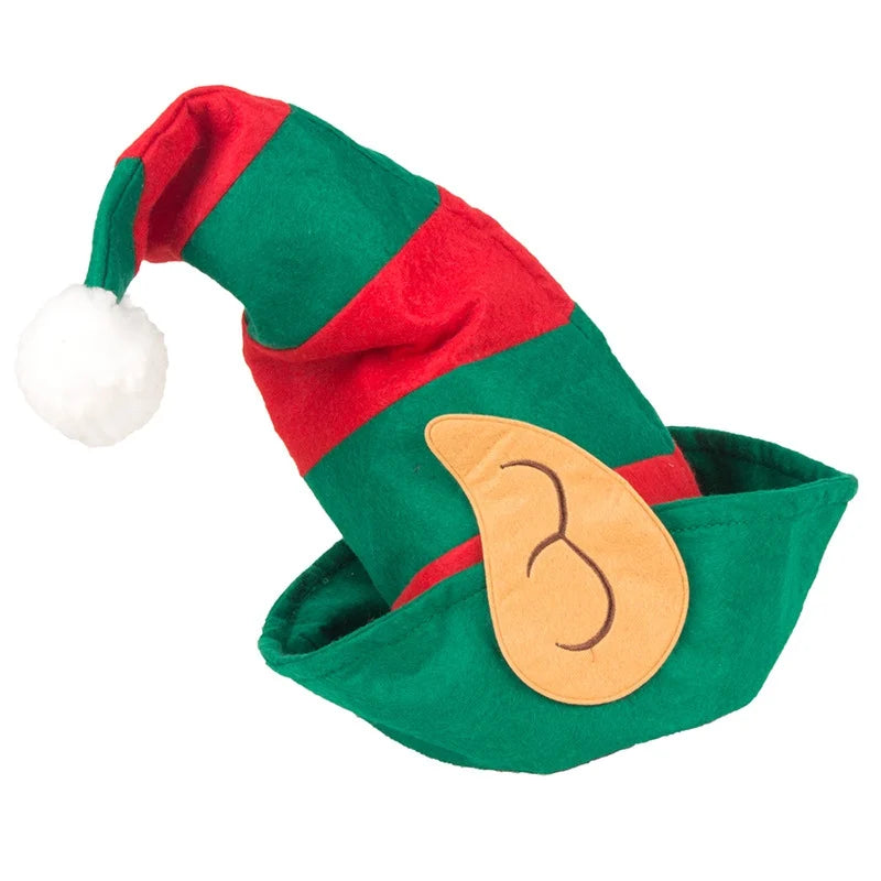 Red Green Striped Hat With White Pom Elf Ears Adults Soft Non-Woven Christmas Elf Hat For Most People Navidad Xmas Ornament