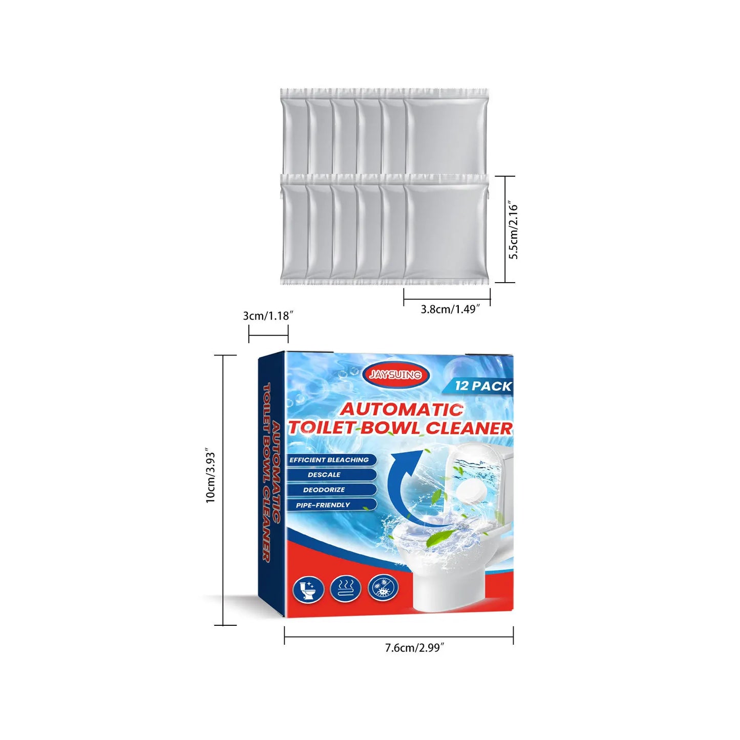 Bleach Toilet Cleaner Tablets, Stain Removal, Mint, Ceramic-Safe, No-Residue, 12pcs