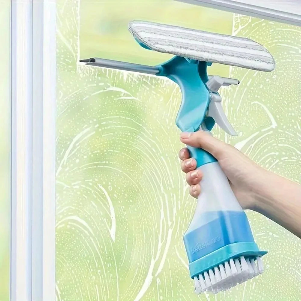 4-in-1 Glass Wiper with Spray Bottle, Scraper, Scrub Brush for Floor, Wall, Tile, Window