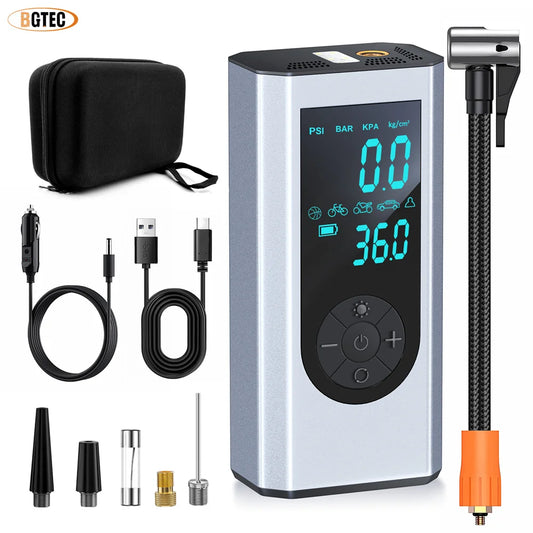 BGTEC Tire Inflator Portable Air Compressor For Car Bike MotorcycleTires Balls Swimming Ring with Gauge 20000mAh Battery DC 12