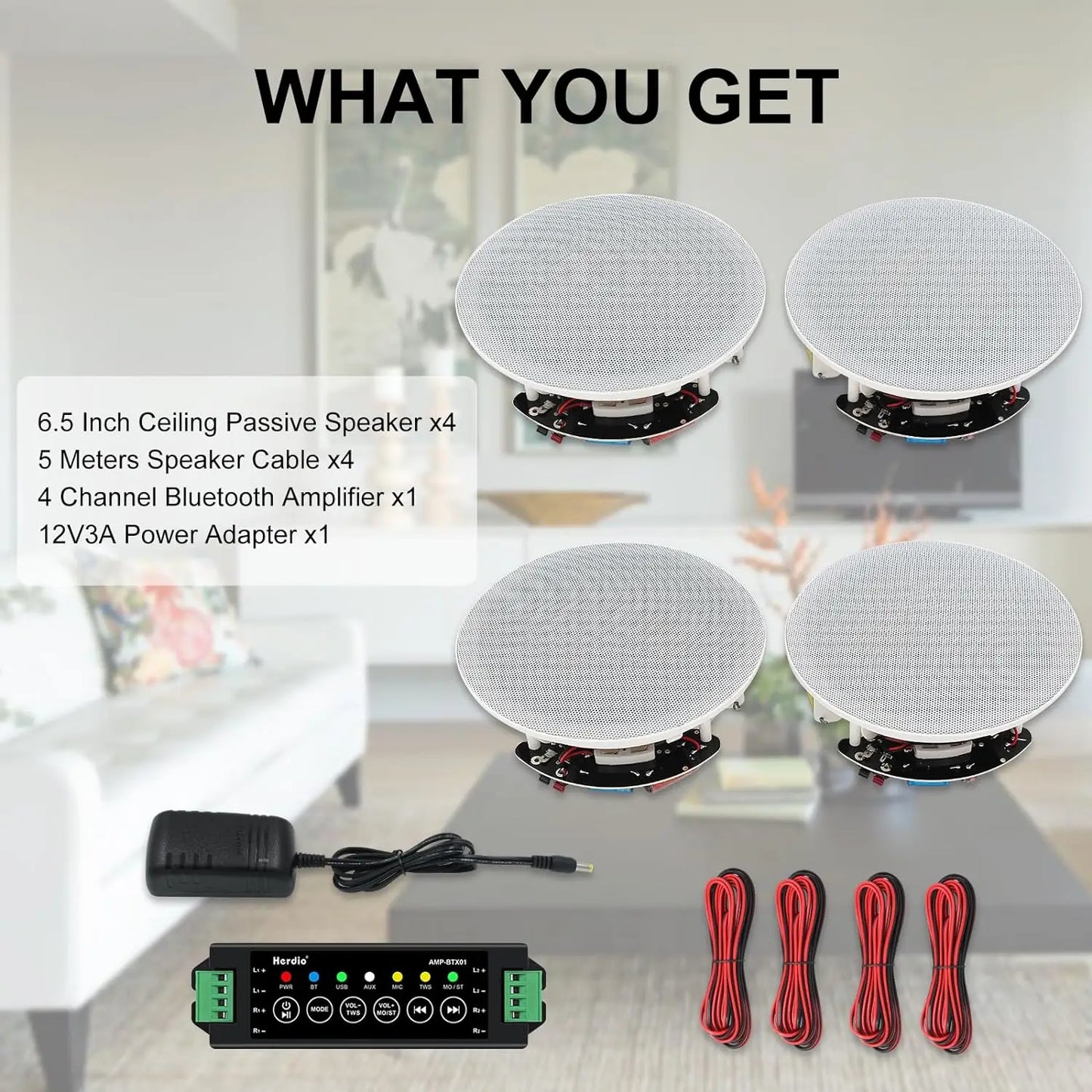 Herdio 6.5" Bluetooth Ceiling Speakers For Indoor Home Theater 600 Watts 2-Way Dome Tweeter Easy Installation 4 Speakers