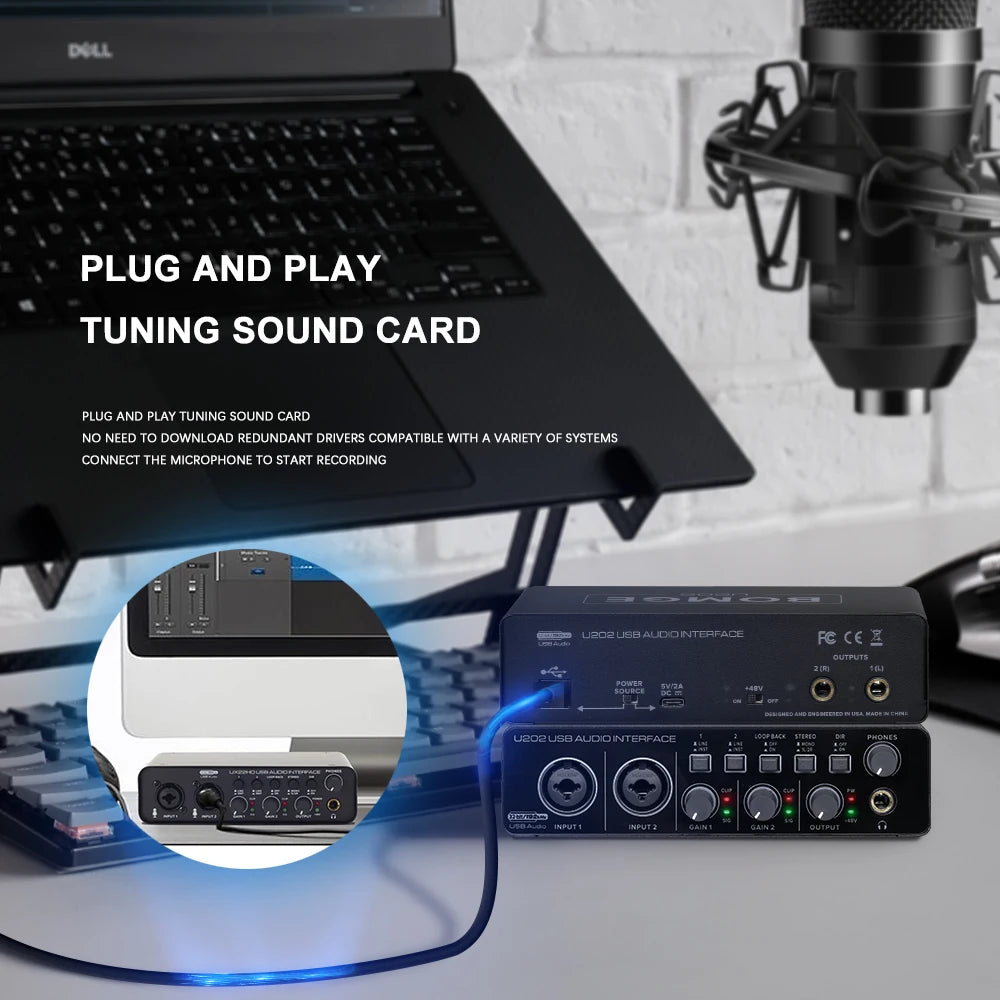 BOMGE U202 USB Audio Interface with Mic Preamplifier XLR/TSR/TS Ports 48V 32-Bit/192kHz Resolution for computer recording Stream