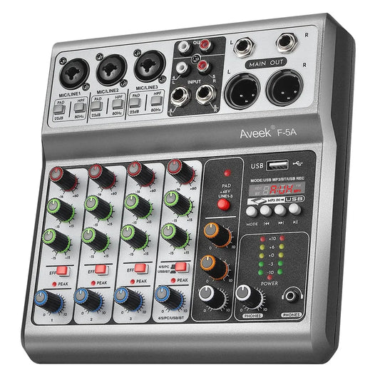 Professional Audio Mixer,Sound Board Mixing Console with 5Channel Digital USB Bluetooth Echo Delay Effect,Input 48V Stereo