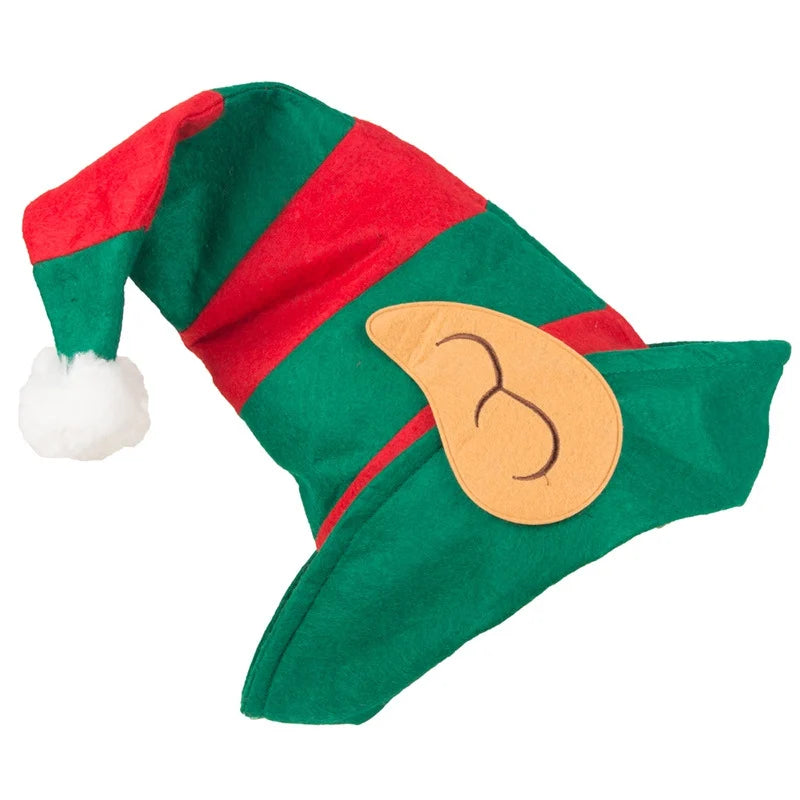 Red Green Striped Hat With White Pom Elf Ears Adults Soft Non-Woven Christmas Elf Hat For Most People Navidad Xmas Ornament