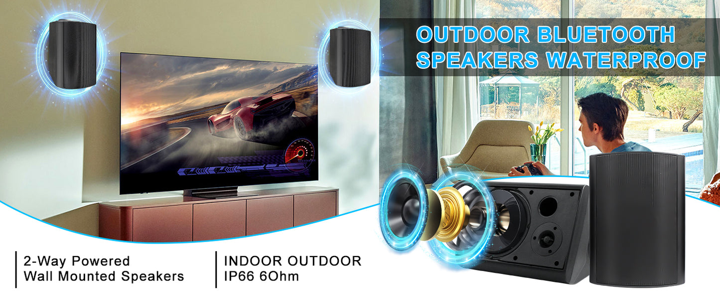 Herdio 800W 6.5 Inch Outdoor Speakers Bluetooth Waterproof Wired Tweeter Wall Mounted Subwoofer for Patio Home Theater,2 Pairs